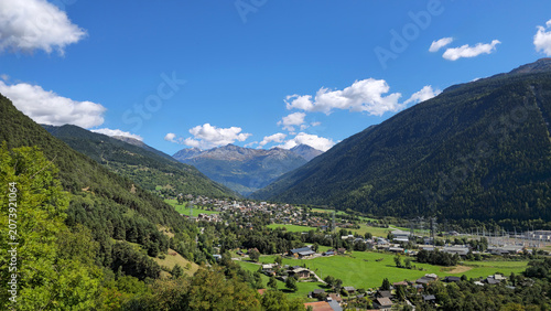 Billede på lærred Bourg-Saint-Maurice valley town and forested mountains, Savoie, Auvergne-Rhone-Alpes, France, Europe