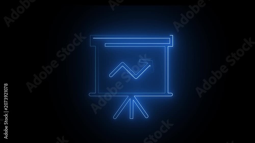 Presentation board features a vibrant blue neon line graph illustrating upward market trajectory trends, serving as an effective digital tool for corporate analysts and executive management reporting.