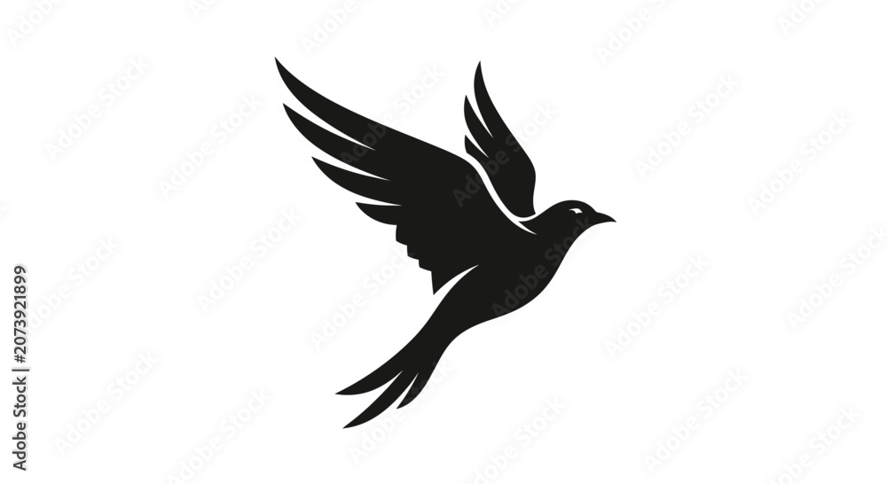 Fototapeta premium Black bird silhouette in flight representing freedom and peace.
