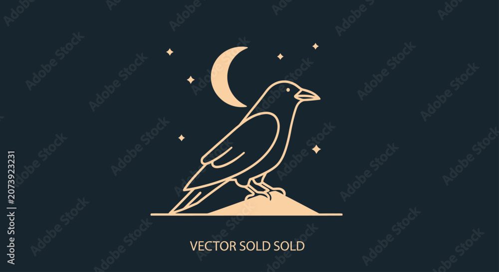 Obraz premium Bird icon under crescent moon and stars night scene.