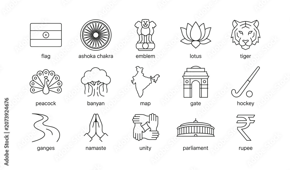 Obraz premium Indian national icons showing symbols culture landmarks and unity