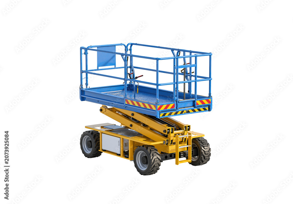 Fototapeta premium Blue scissor lift platform with safety railing on wheels