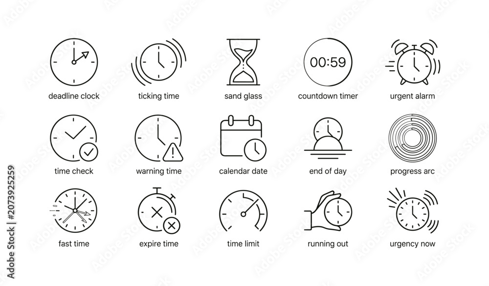 Fototapeta premium Time icons depicting clocks and timers on white background