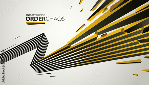 Fotografia Debris particles exploding in chaos vector abstract background, entropy is rising to decay and disorder, elements flying in motion, 3D wallpaper