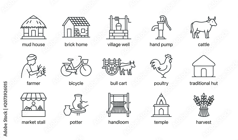 Fototapeta premium Rural life icons showing houses, farming and market elements