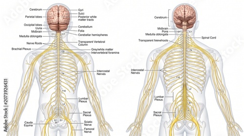 Bild auf Leinwand Human nervous system anatomy diagram showing the brain, spinal cord, and periphe