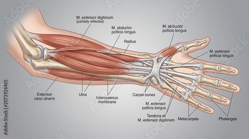 Cuadro en lienzo Detailed medical illustration of the human forearm and hand anatomy, showing muscles, bones, and tendons with labels