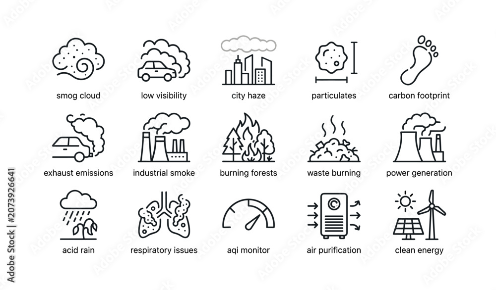 Fototapeta premium Air pollution icons showing causes and effects in grid layout
