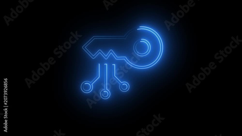 Key symbol glows with blue neon light circuitry representing digital security and advanced encryption technology which protects sensitive data access points within a secure network infrastructure.