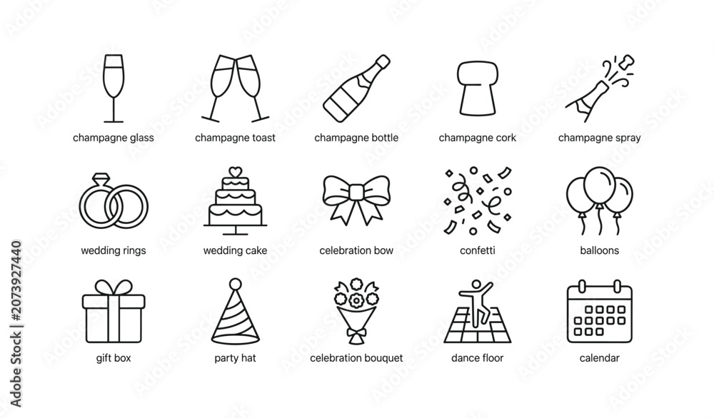 Fototapeta premium Celebration and wedding icons of party items on white background