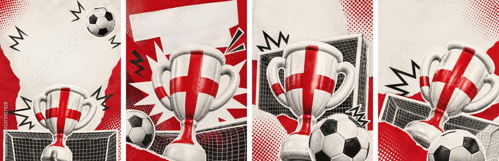 Obraz premium England football promotional poster collection template featuring an inflatable St George cross trophy and soccer ball over retro pop art background