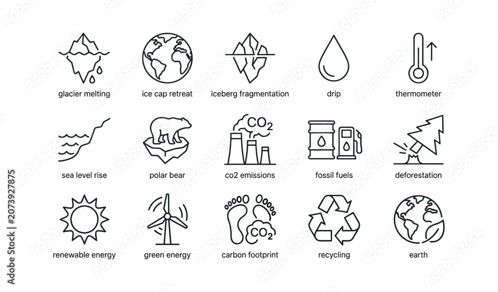 Fototapeta premium Climate change and environmental impact icons with symbols