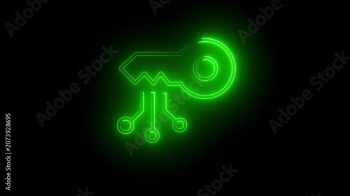 Key icon rendered in brilliant green neon light illustrates cybersecurity protocols and digital access solutions set against a pitch black backdrop which creates perfect copy space for your interface.