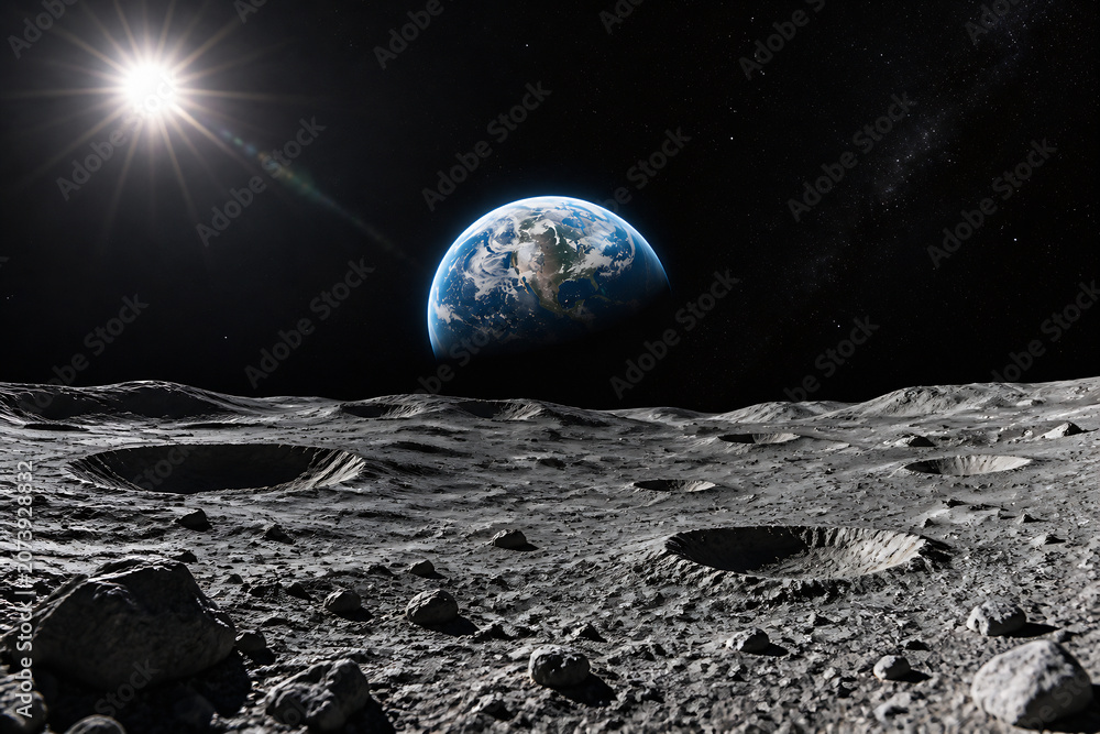 Fototapeta premium Earth hangs in the blackness above a desolate, cratered lunar surface under bright starlight.