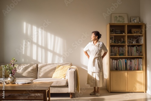 Senior Asian housekeeper in a sunlit living room watching a bookshelf
