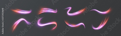 Quadro su tela Purple, pink and red glowing curved light trails with bright energy tips on transparent background