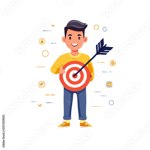 Cartoon man holding target with arrow in bullseye