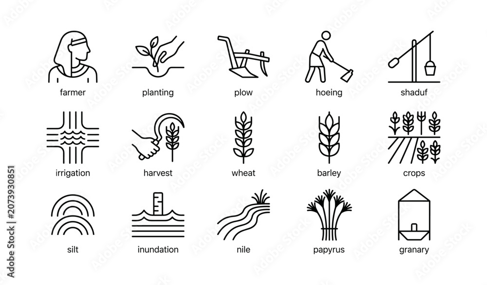 Fototapeta premium Farming icons showing tools, crops and irrigation symbols