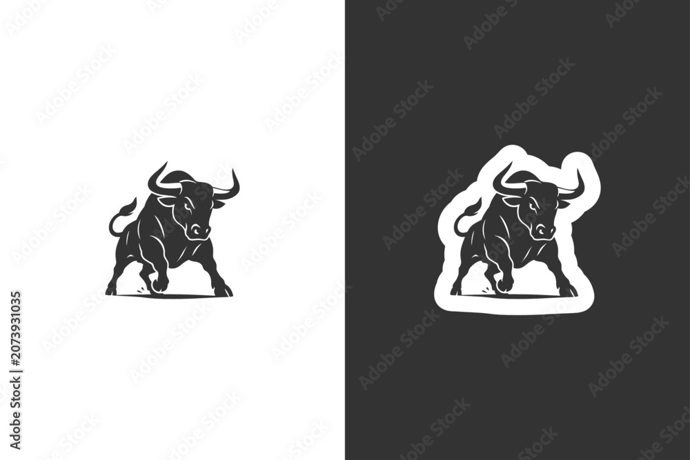 Fototapeta premium Stylized black and white bull illustration with strong lines and energetic stance