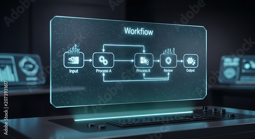 A futuristic computer monitor displays a workflow diagram on a desk in a dark room.