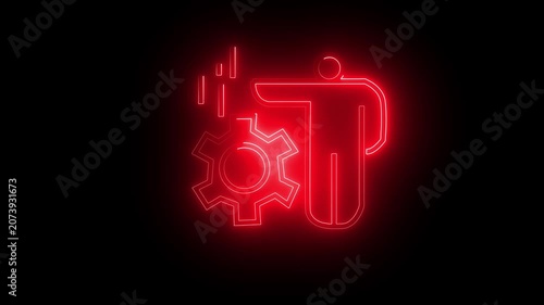 Gear symbol illuminated in vibrant red neon represents industrial maintenance or mechanical operational efficiency in a dark environment providing generous copy space for various creative.