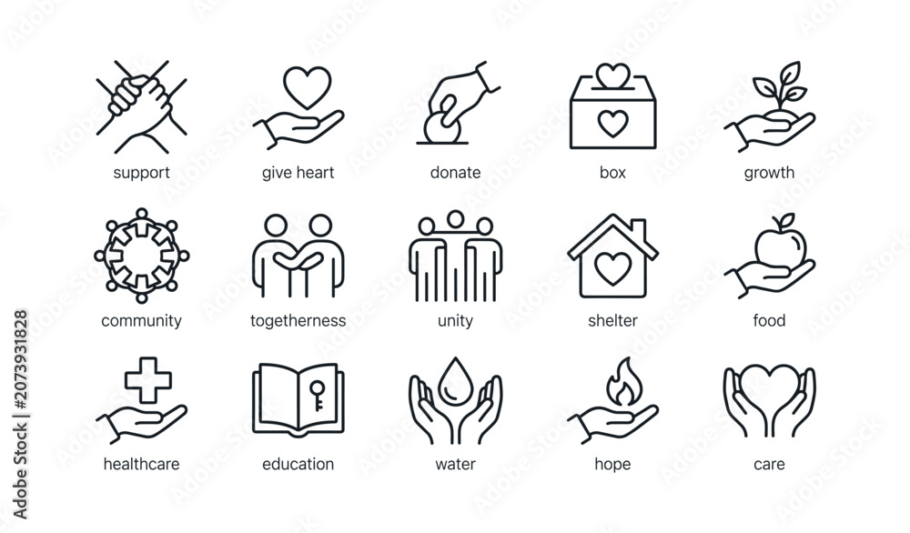 Fototapeta premium Charity icons showing donation support and community services