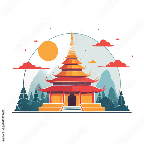 Flat illustration of a traditional pagoda temple with mountains