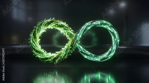 Cinematic surreal photo of an infinity symbol made of green leaves and glowing fiber optic cables.