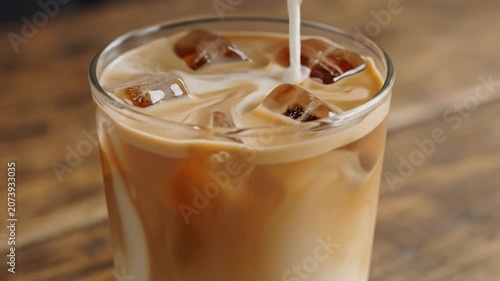 Fresh milk pouring into a glass of cold iced coffee