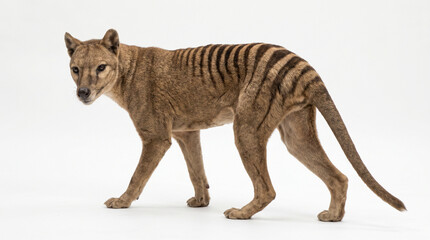 A detailed full body studio shot of a thylacine also known as the Tasmanian tiger a unique carnivorous marsupial with distinctive stripes on its back standing alert against a clean white background