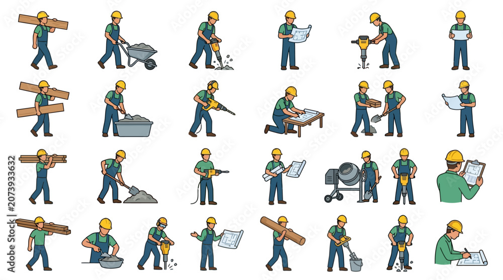 Fototapeta premium Construction Worker Set with Timber Carrying Cement Mixing Jackhammer Operation and Blueprint Inspection in Editable Stroke Illustrations Multiple Poses