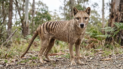 A captivating thylacine also known as the Tasmanian tiger a unique striped marsupial predator standing alertly in its natural Australian bushland habitat a symbol of extinct wildlife and conservation