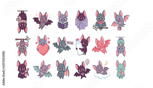 Fotografie Cute cartoon bat sticker set featuring adorable little vampires reading flying s