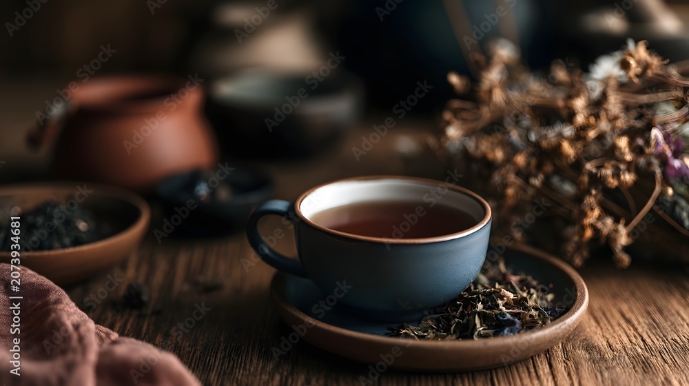 Obraz premium A calm and dramatic still life featuring a rustic herbal tea cup set against earthy textures creating a mood of deep relaxation