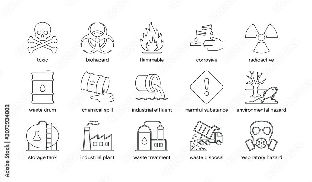 Fototapeta premium Hazard and waste icons arranged in a grid on white background
