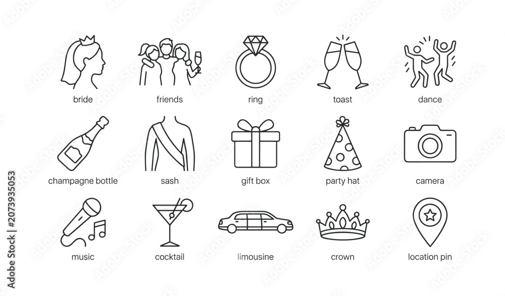 Fototapeta premium Party and celebration icons for wedding events on white background