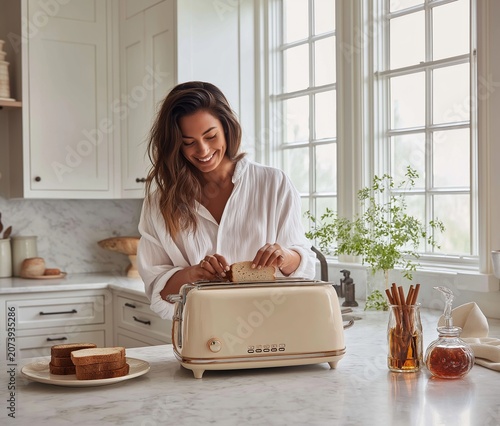 Smiling Woman Making Toast in Bright Modern Kitchen Breakfast Scene