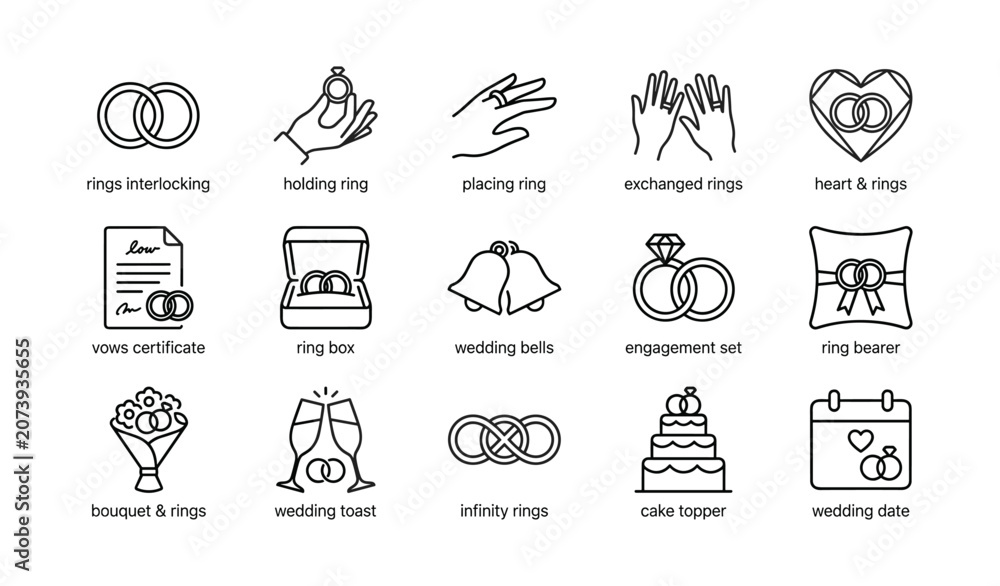 Fototapeta premium Wedding rings and ceremony icons arranged in grid layout