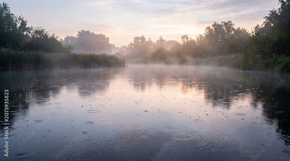 Fototapeta premium Foggy lake at sunrise with rain ripples on water surface