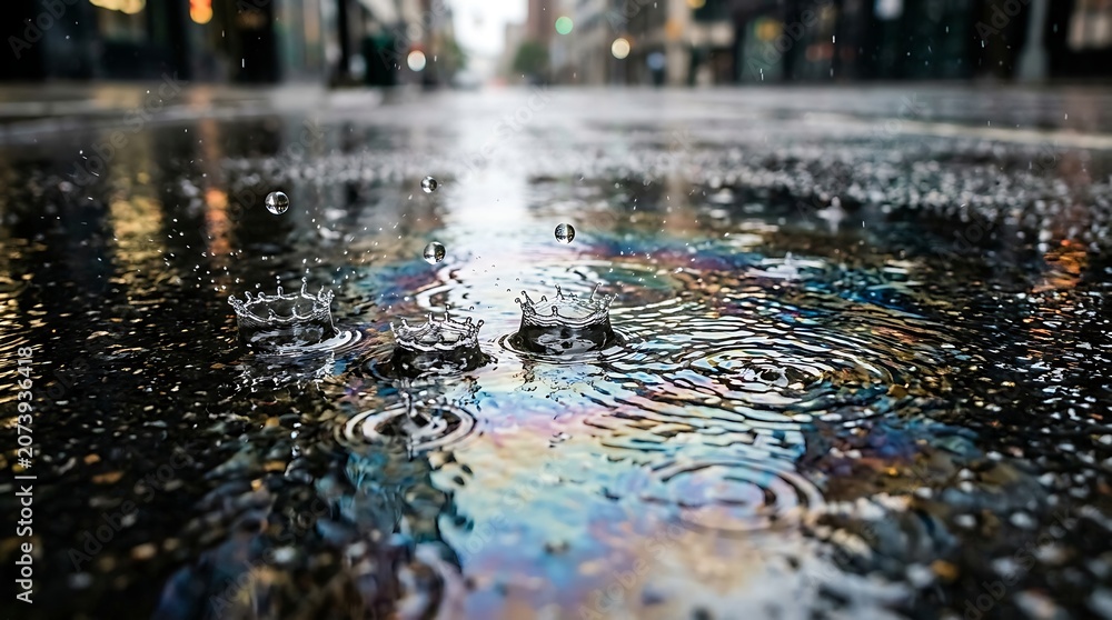 Naklejka premium Raindrops splashing in an iridescent city street puddle