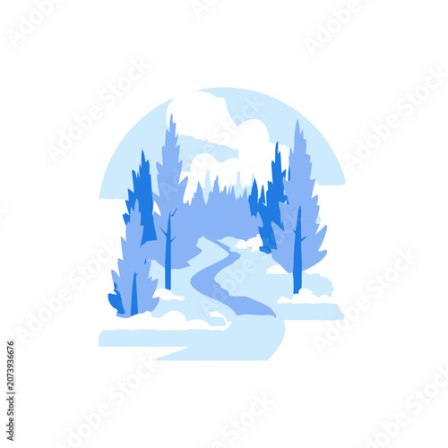 Winter forest landscape with river and mountains