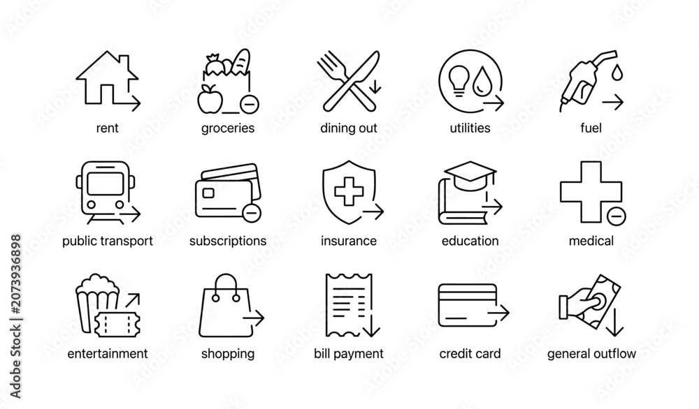 Fototapeta premium Expense icons showing spending categories on white background
