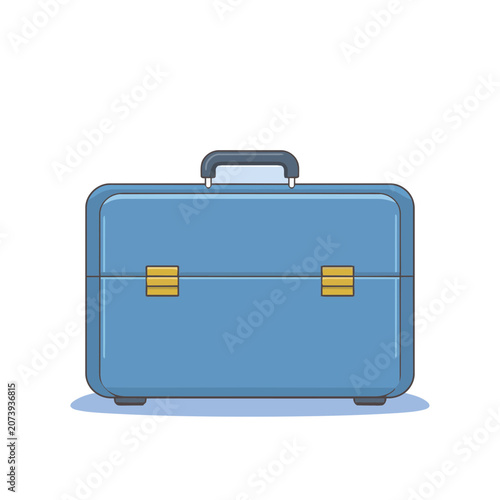 Blue briefcase with yellow latches, flat vector illustration
