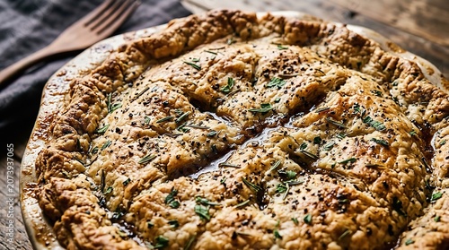 Savory pie on wooden table, cut and ready to eat