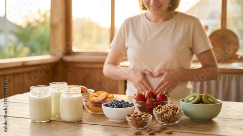 Happy woman promotes gut health and well-being with a table full of nourishing natural foods