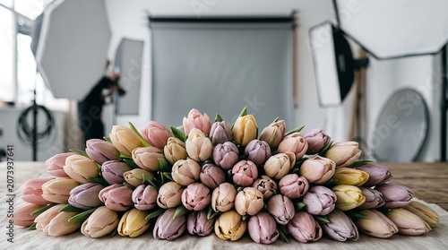 Bouquet of multicolored tulips on a table in a photography studio