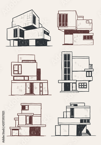 Six modern architectural house sketches with dark outlines on a light beige background in a hand-drawn vector style
