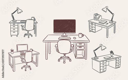 Office desks and chairs with computers, lamps, and supplies in a hand-drawn line art style on a light background