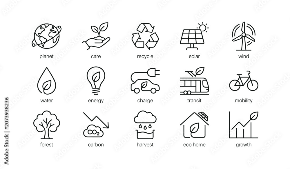 Fototapeta premium Sustainability icons illustrating renewable energy and mobility