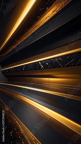 A dark abstract background with golden light streaks